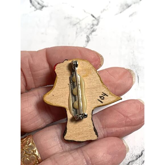 Vintage Brooch Earrings Mushrooms Wood Mary McDaniel Signed Handcrafted Whimsy - Picture 3 of 6